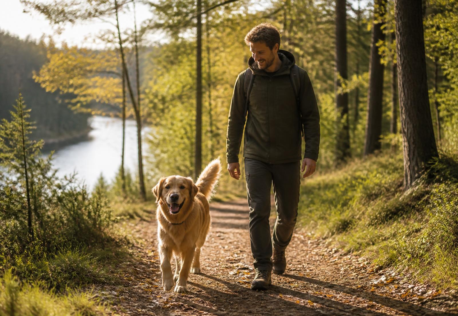 Hundägare på promenad med golden retriever i svensk skog